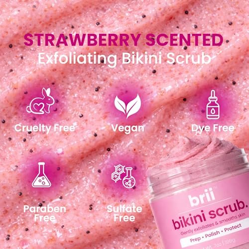 brii Exfoliating Pre Shave + Pre Wax Bikini Area Scrub – Gentle Bikini Line & Intimate Area Scrub for Razor Bumps, Ingrown Hairs & Dark Spots, Strawberry Sugar Pink, 7 oz Avelisse