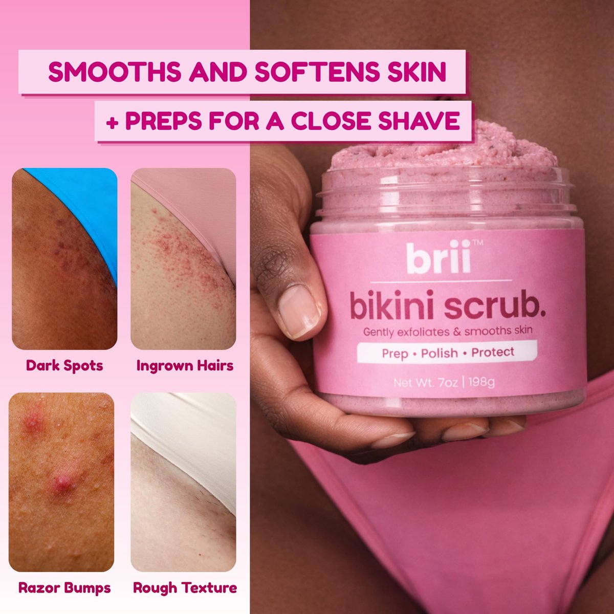 brii Exfoliating Pre Shave + Pre Wax Bikini Area Scrub – Gentle Bikini Line & Intimate Area Scrub for Razor Bumps, Ingrown Hairs & Dark Spots, Strawberry Sugar Pink, 7 oz Avelisse