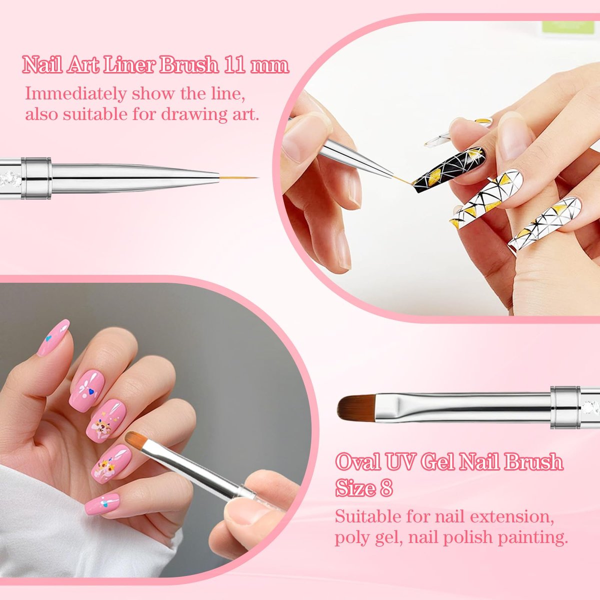 TAHULIK 2-Pack Double-Ended Builder Gel Brush Set – Hard Gel Nail Brushes Oval French Tip & Liner Brushes for Nail Art, Rhinestone Handle Design Brushes - görsel 5