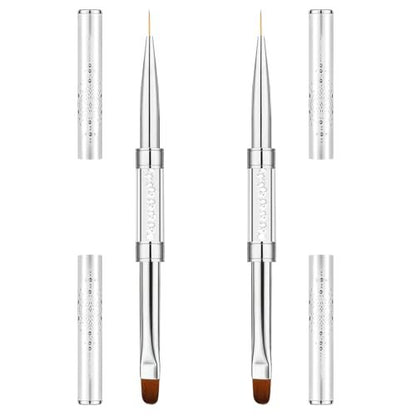 TAHULIK 2-Pack Double-Ended Builder Gel Brush Set – Hard Gel Nail Brushes Oval French Tip & Liner Brushes for Nail Art, Rhinestone Handle Design Brushes