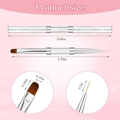 TAHULIK 2-Pack Double-Ended Builder Gel Brush Set – Hard Gel Nail Brushes Oval French Tip & Liner Brushes for Nail Art, Rhinestone Handle Design Brushes