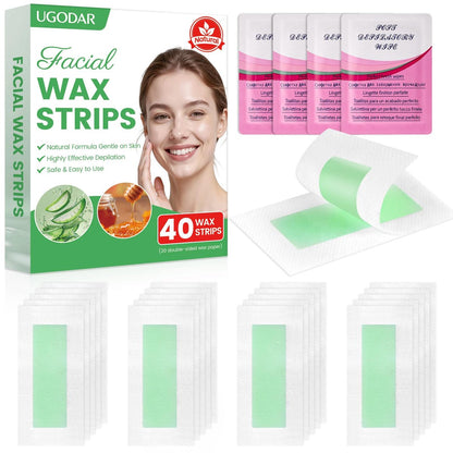 UGODAR 40 Pcs Hypoallergenic Facial Wax Strips for Women – Gentle Face Hair Removal with 4 Calming Oil Wipes, Eyebrow Wax Strips for All Skin Types