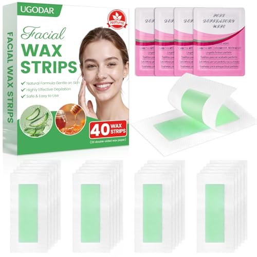 UGODAR 40 Pcs Hypoallergenic Facial Wax Strips for Women – Gentle Face Hair Removal with 4 Calming Oil Wipes, Eyebrow Wax Strips for All Skin Types - görsel 2