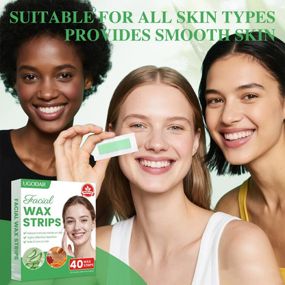 UGODAR 40 Pcs Hypoallergenic Facial Wax Strips for Women – Gentle Face Hair Removal with 4 Calming Oil Wipes, Eyebrow Wax Strips for All Skin Types