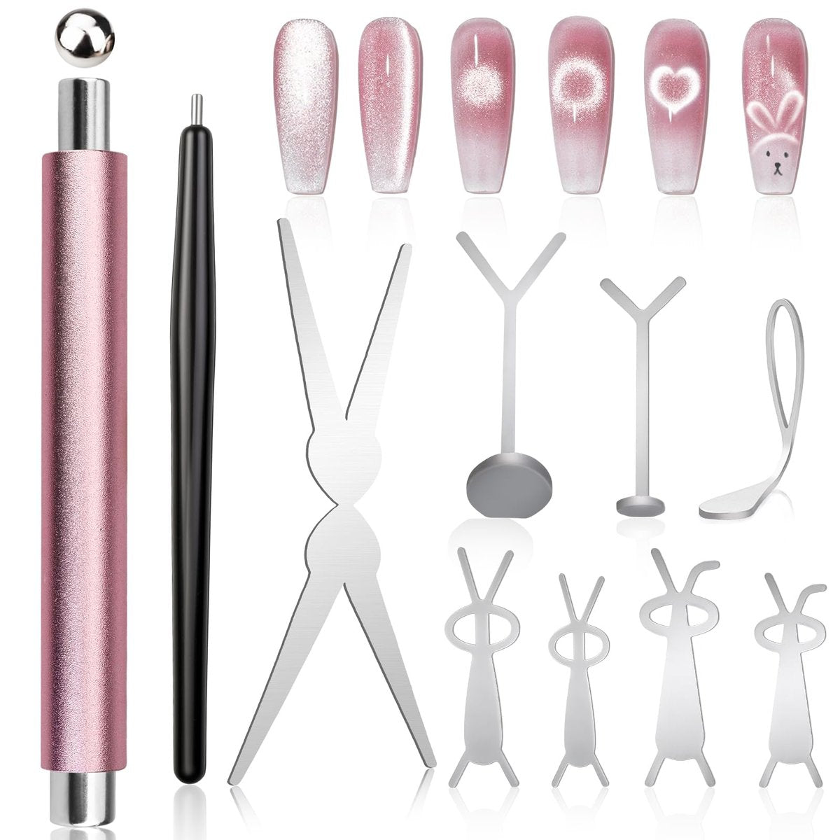 FOWSRHRG 3 in 1 Cat Eye Nail Magnet Set – Double-Head Magnet Wand with Steel Ball Round Beads and Guides for DIY Nail Art Salon Manicure - görsel 1