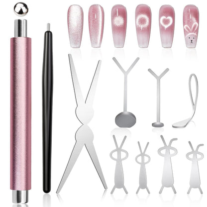 FOWSRHRG 3 in 1 Cat Eye Nail Magnet Set – Double-Head Magnet Wand with Steel Ball Round Beads and Guides for DIY Nail Art Salon Manicure