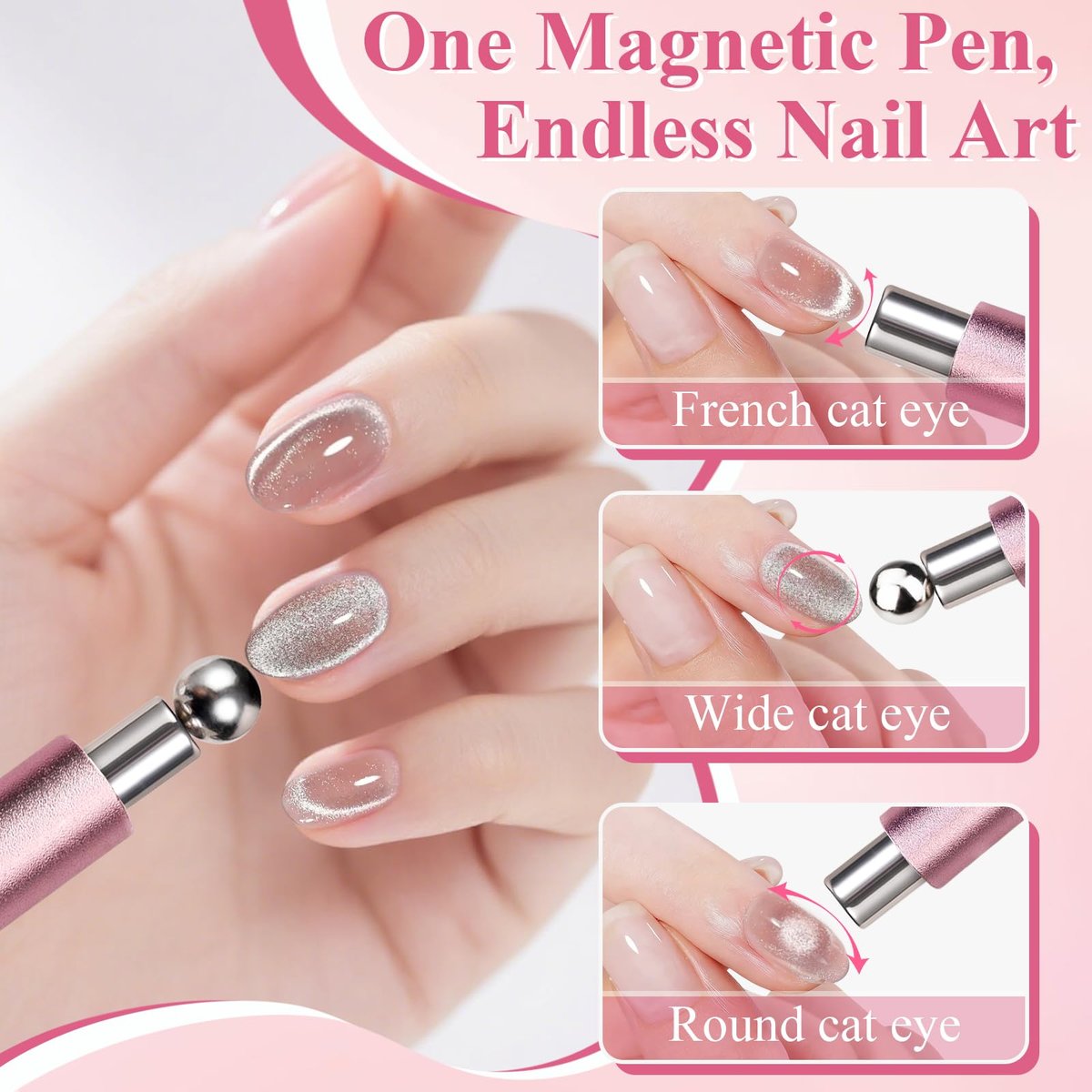 FOWSRHRG 3 in 1 Cat Eye Nail Magnet Set – Double-Head Magnet Wand with Steel Ball Round Beads and Guides for DIY Nail Art Salon Manicure - görsel 3