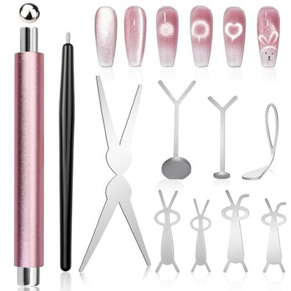 FOWSRHRG 3 in 1 Cat Eye Nail Magnet Set – Double-Head Magnet Wand with Steel Ball Round Beads and Guides for DIY Nail Art Salon Manicure