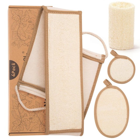 DEBETOOL 4 Piece Natural Loofah Back Scrubber with Face Scrubber Pad for Shower - Exfoliating Loofah for Women and Men Glowing Skin