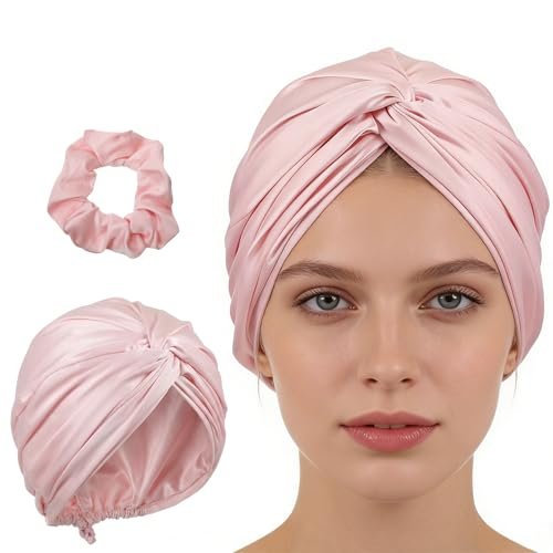 Hadnves 2-Pack Double Layer Silk Satin Hair Bonnet – Adjustable Sleep Cap for Women & Men with Hair Tie – Protects Curly, Natural, Long, Braided Hair – Pink - görsel 2