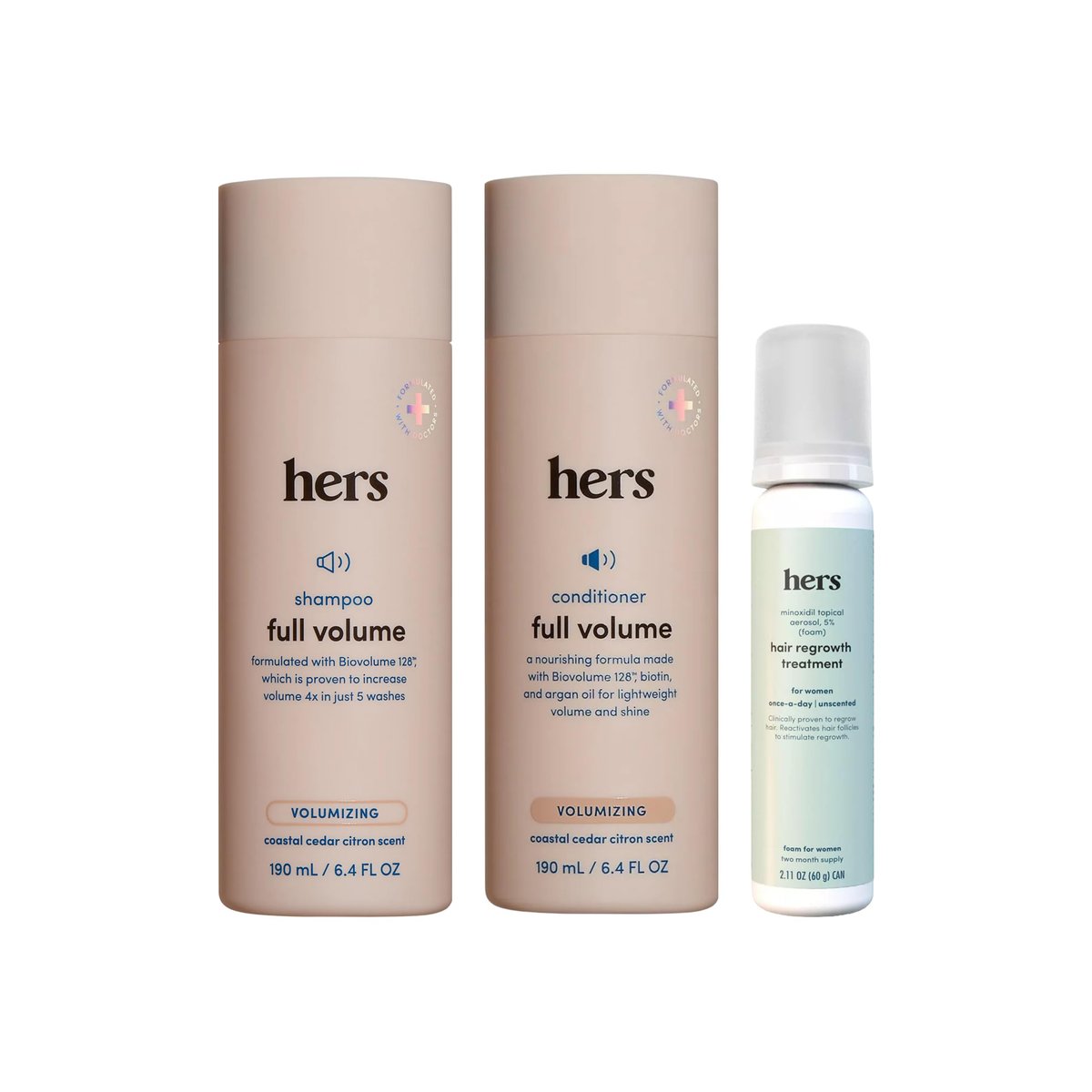 HERS Full Volume Shampoo & Conditioner Set for Women with Minoxidil 5% Topical Foam - Volumizing Hair Care & Regrowth Treatment, Coastal Cedar Citron, 2 x 6.4 oz + 2 oz - görsel 1