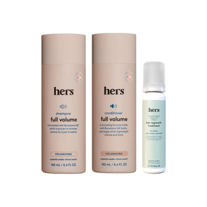 HERS Full Volume Shampoo & Conditioner Set for Women with Minoxidil 5% Topical Foam - Volumizing Hair Care & Regrowth Treatment, Coastal Cedar Citron, 2 x 6.4 oz + 2 oz