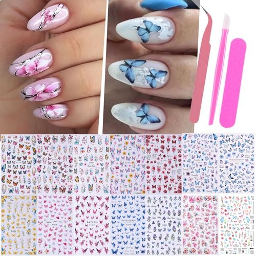14 PCS Butterfly Nail Art Sticker Decals – Spring Flower 3D Self-Adhesive Nail Decorations with Tweezers, Colorful Butterfly Designs for Women Manicure Avelisse
