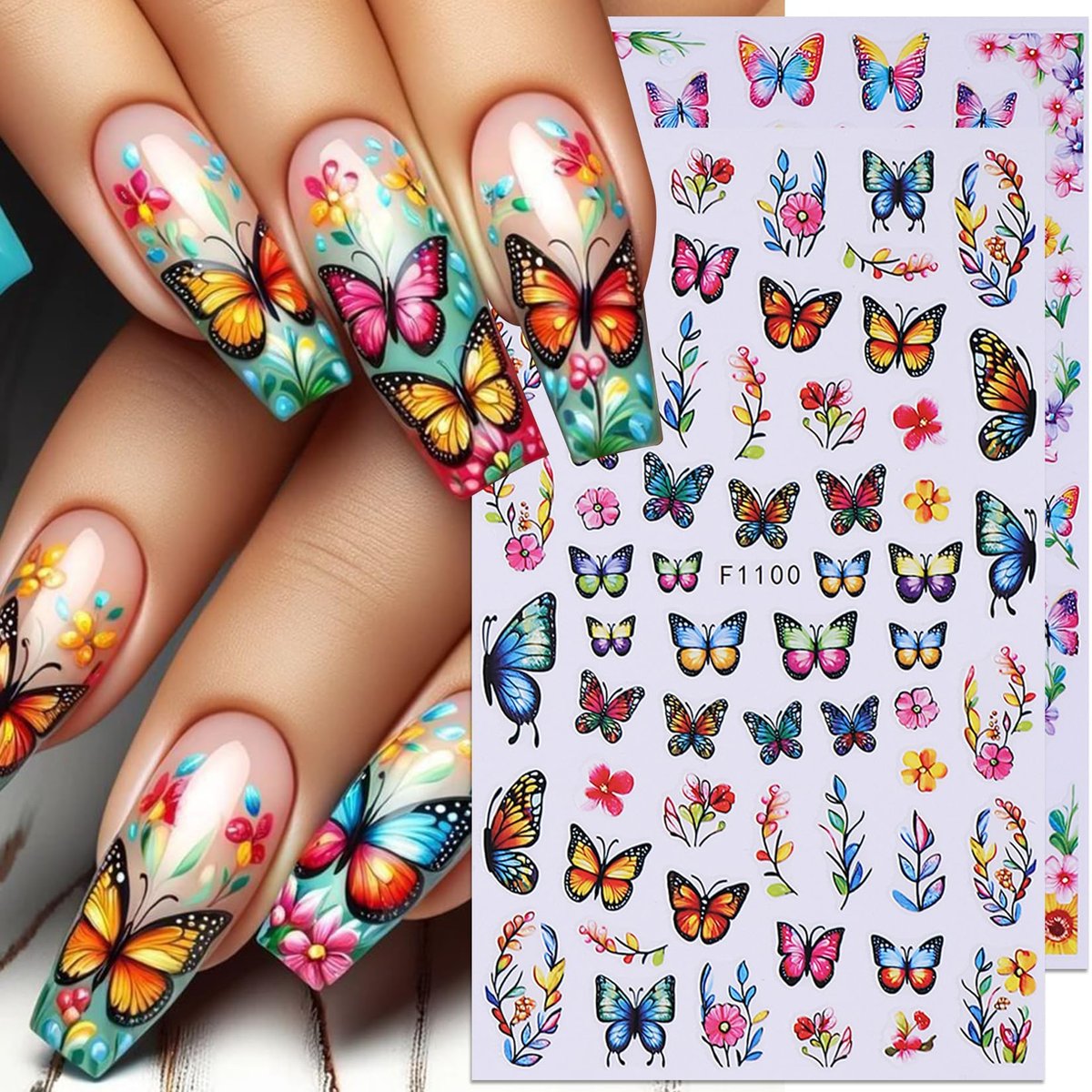 14 PCS Butterfly Nail Art Sticker Decals – Spring Flower 3D Self-Adhesive Nail Decorations with Tweezers, Colorful Butterfly Designs for Women Manicure Avelisse