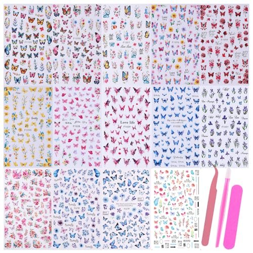 14 PCS Butterfly Nail Art Sticker Decals – Spring Flower 3D Self-Adhesive Nail Decorations with Tweezers, Colorful Butterfly Designs for Women Manicure Avelisse