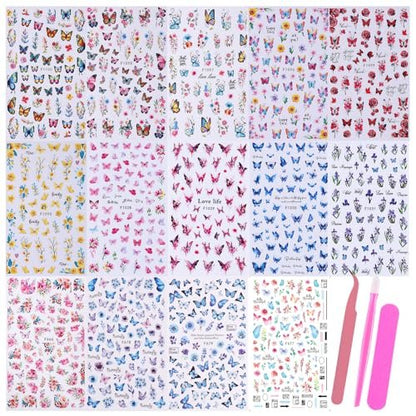 14 PCS Butterfly Nail Art Sticker Decals – Spring Flower 3D Self-Adhesive Nail Decorations with Tweezers, Colorful Butterfly Designs for Women Manicure Avelisse