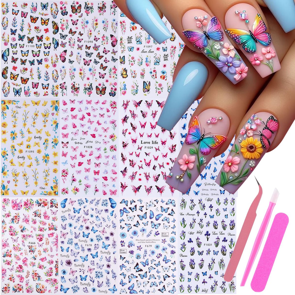 14 PCS Butterfly Nail Art Sticker Decals – Spring Flower 3D Self-Adhesive Nail Decorations with Tweezers, Colorful Butterfly Designs for Women Manicure Avelisse