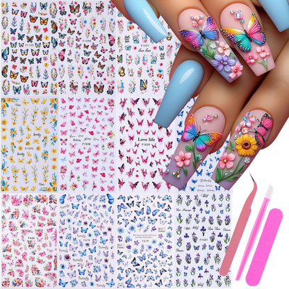 14 PCS Butterfly Nail Art Sticker Decals – Spring Flower 3D Self-Adhesive Nail Decorations with Tweezers, Colorful Butterfly Designs for Women Manicure Avelisse