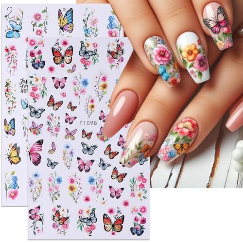 14 PCS Butterfly Nail Art Sticker Decals – Spring Flower 3D Self-Adhesive Nail Decorations with Tweezers, Colorful Butterfly Designs for Women Manicure Avelisse