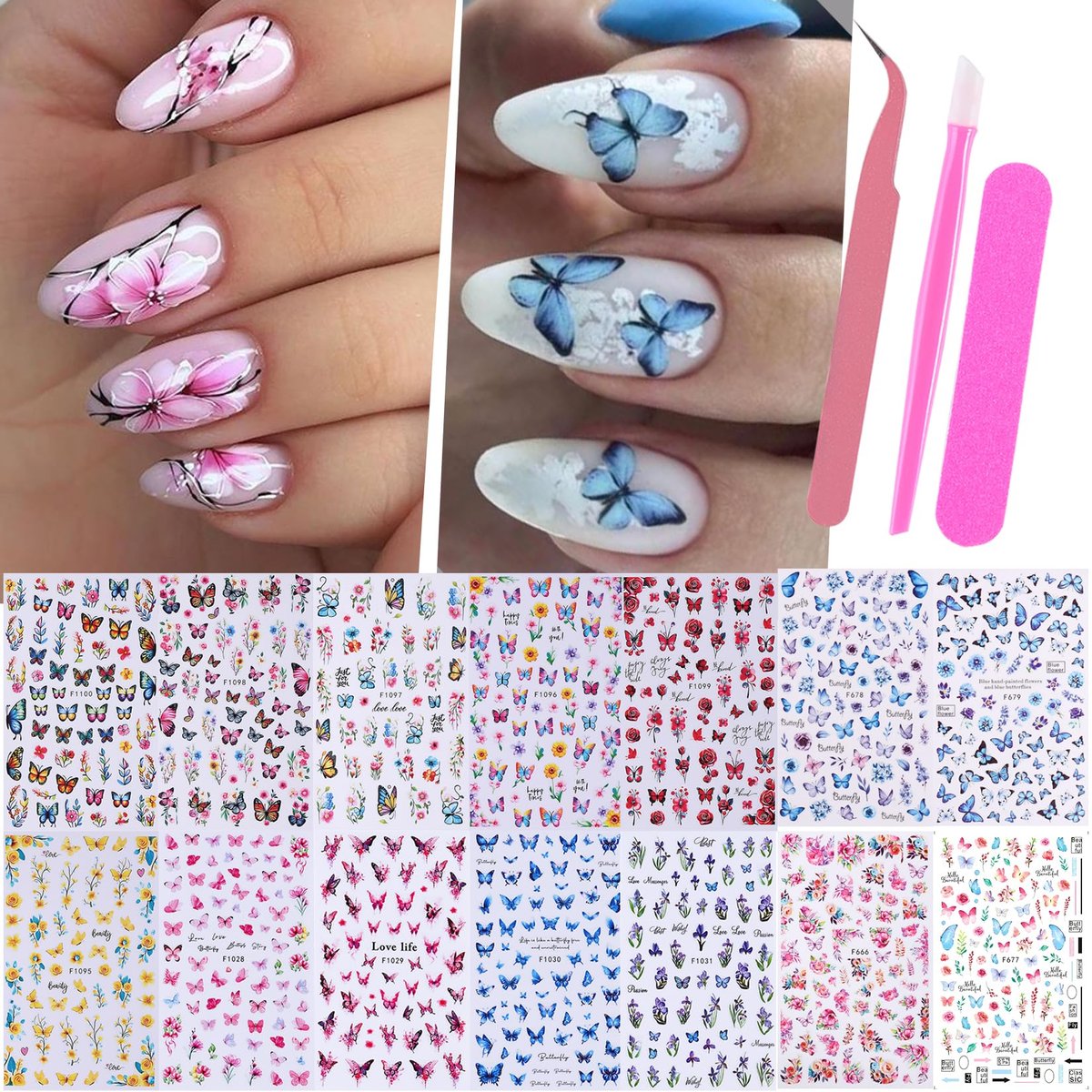 14 PCS Butterfly Nail Art Sticker Decals – Spring Flower 3D Self-Adhesive Nail Decorations with Tweezers, Colorful Butterfly Designs for Women Manicure Avelisse