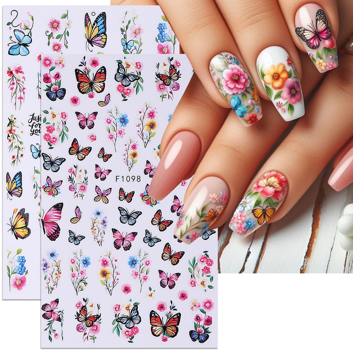 14 PCS Butterfly Nail Art Sticker Decals – Spring Flower 3D Self-Adhesive Nail Decorations with Tweezers, Colorful Butterfly Designs for Women Manicure Avelisse