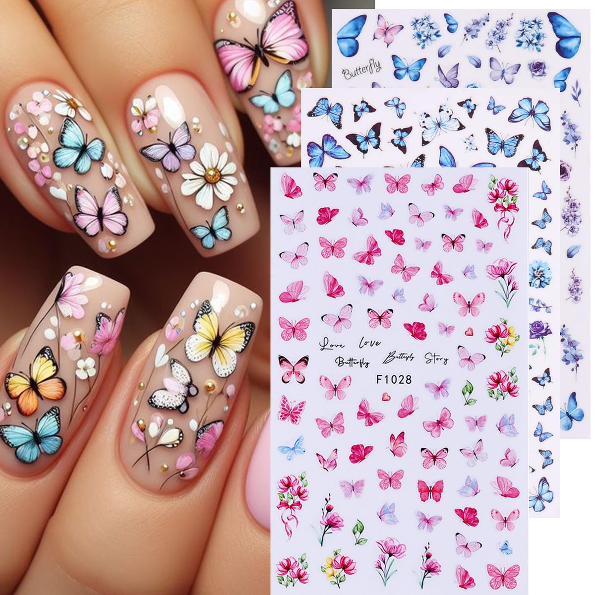 14 PCS Butterfly Nail Art Sticker Decals – Spring Flower 3D Self-Adhesive Nail Decorations with Tweezers, Colorful Butterfly Designs for Women Manicure Avelisse