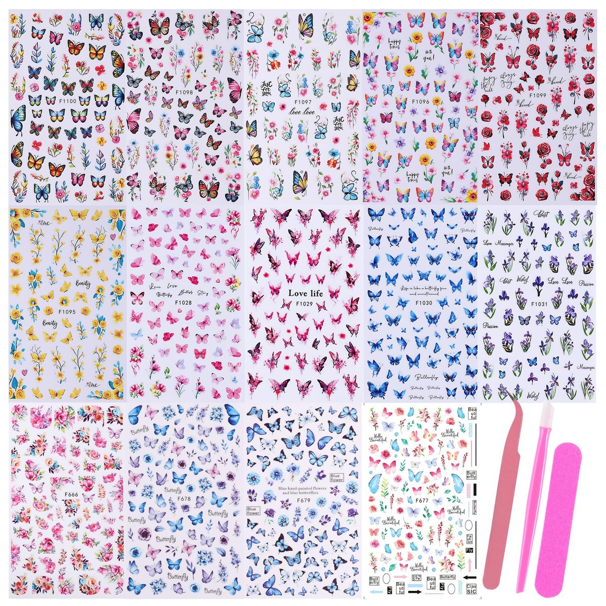 14 PCS Butterfly Nail Art Sticker Decals – Spring Flower 3D Self-Adhesive Nail Decorations with Tweezers, Colorful Butterfly Designs for Women Manicure Avelisse