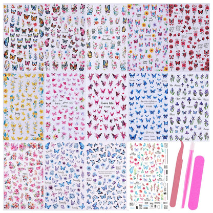 14 PCS Butterfly Nail Art Sticker Decals – Spring Flower 3D Self-Adhesive Nail Decorations with Tweezers, Colorful Butterfly Designs for Women Manicure Avelisse