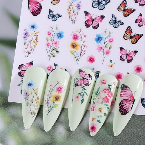 14 PCS Butterfly Nail Art Sticker Decals – Spring Flower 3D Self-Adhesive Nail Decorations with Tweezers, Colorful Butterfly Designs for Women Manicure Avelisse