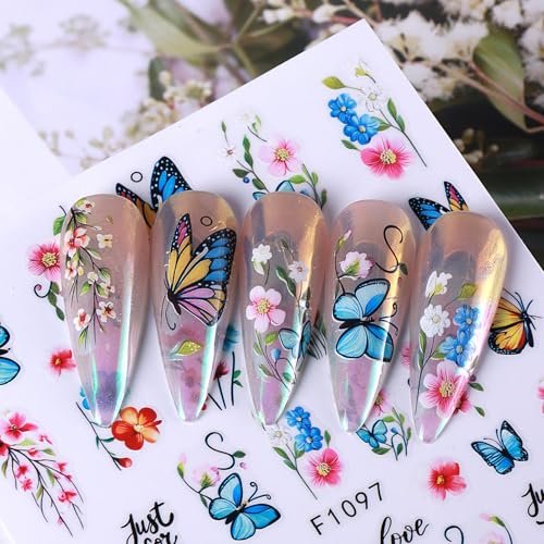 14 PCS Butterfly Nail Art Sticker Decals – Spring Flower 3D Self-Adhesive Nail Decorations with Tweezers, Colorful Butterfly Designs for Women Manicure Avelisse