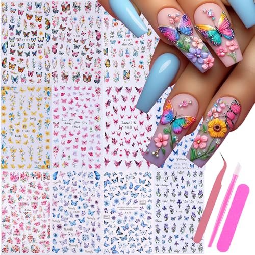 14 PCS Butterfly Nail Art Sticker Decals – Spring Flower 3D Self-Adhesive Nail Decorations with Tweezers, Colorful Butterfly Designs for Women Manicure Avelisse
