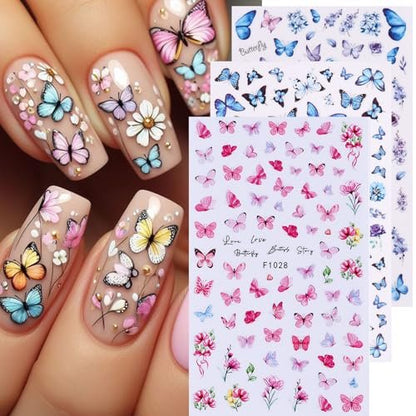 14 PCS Butterfly Nail Art Sticker Decals – Spring Flower 3D Self-Adhesive Nail Decorations with Tweezers, Colorful Butterfly Designs for Women Manicure Avelisse