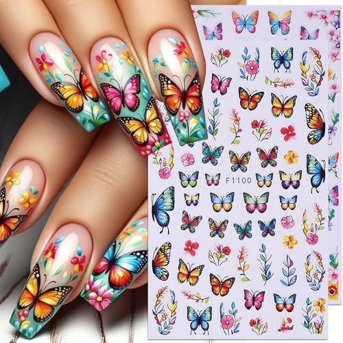 14 PCS Butterfly Nail Art Sticker Decals – Spring Flower 3D Self-Adhesive Nail Decorations with Tweezers, Colorful Butterfly Designs for Women Manicure Avelisse