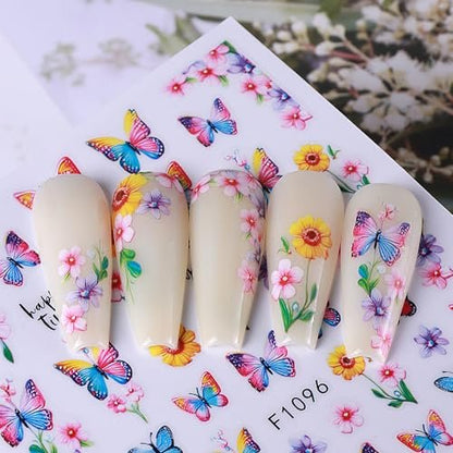 14 PCS Butterfly Nail Art Sticker Decals – Spring Flower 3D Self-Adhesive Nail Decorations with Tweezers, Colorful Butterfly Designs for Women Manicure Avelisse