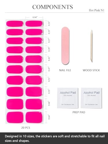 AutyaMee Semi Cured Gel Nail Strips - Hot Pink N1, 20 Pcs Solid Color Gel Nail Wraps for Summer, Salon Quality, Works with Any UV Lamp - görsel 6