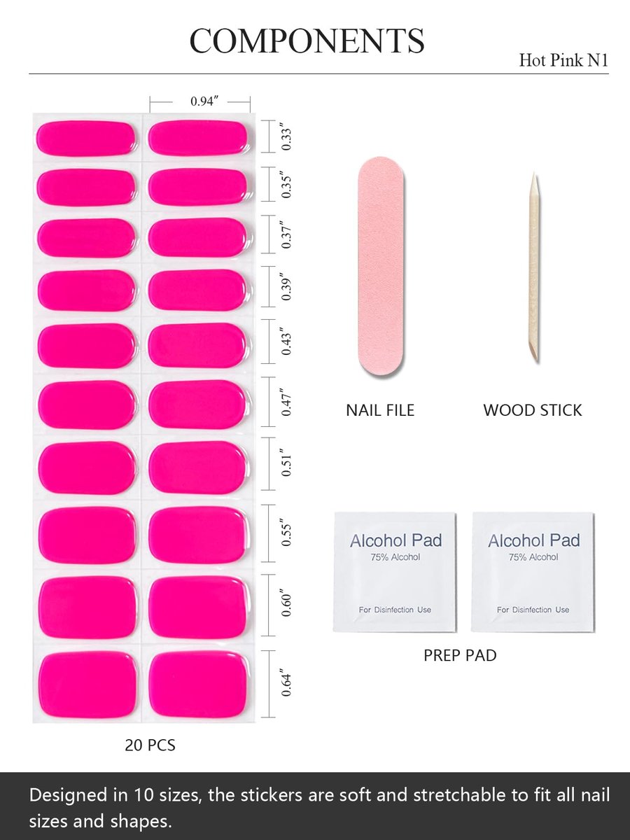 AutyaMee Semi Cured Gel Nail Strips - Hot Pink N1, 20 Pcs Solid Color Gel Nail Wraps for Summer, Salon Quality, Works with Any UV Lamp - görsel 5