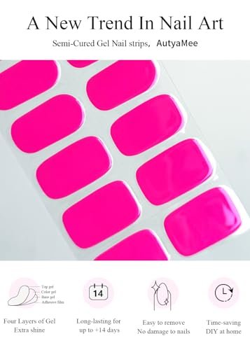 AutyaMee Semi Cured Gel Nail Strips - Hot Pink N1, 20 Pcs Solid Color Gel Nail Wraps for Summer, Salon Quality, Works with Any UV Lamp