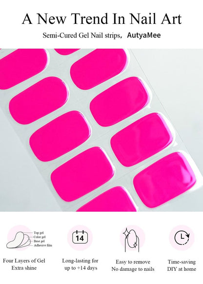 AutyaMee Semi Cured Gel Nail Strips - Hot Pink N1, 20 Pcs Solid Color Gel Nail Wraps for Summer, Salon Quality, Works with Any UV Lamp