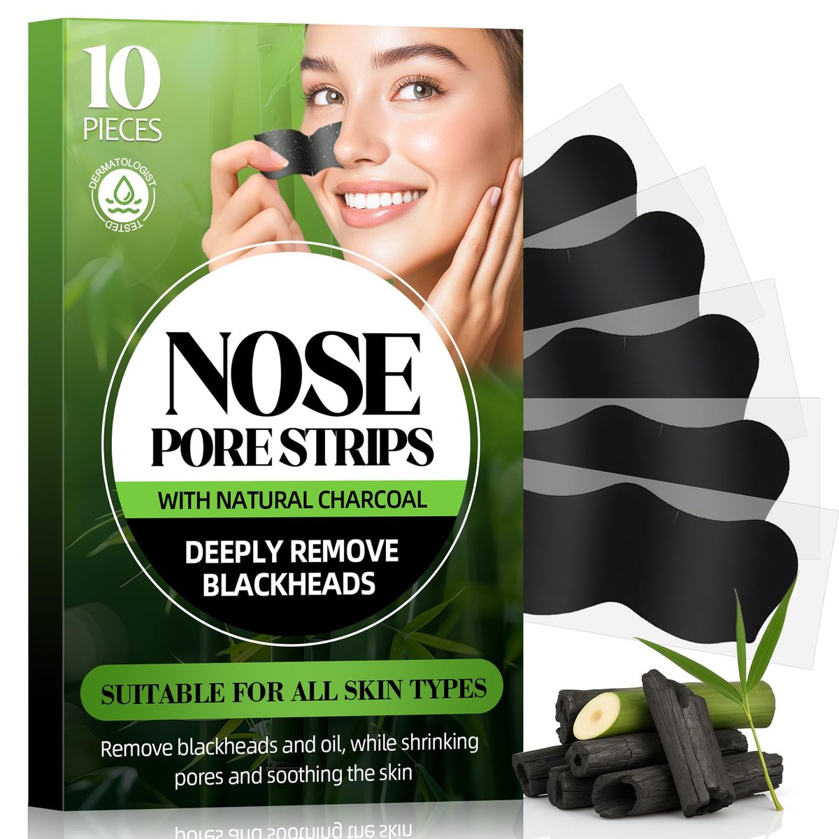 Shaeva Natural Charcoal Pore Strips - Blackhead Remover for Oily Skin, Deep Clean & Shrink Pores, Strawberry Nose Treatment (10 Pcs) - görsel 1