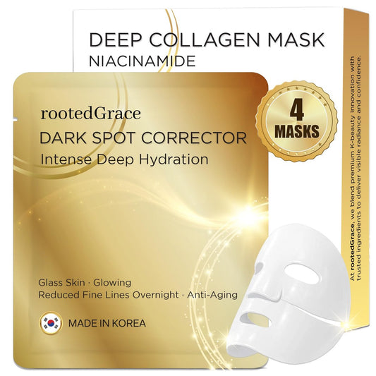 RootedGrace Deep Collagen Face Mask Overnight Hydrogel Korean Skincare - Dark Spot Corrector & Niacinamide - Hydrating Pore Minimizing Glass Skin Anti Aging | 0.88oz (25g) x 4ea