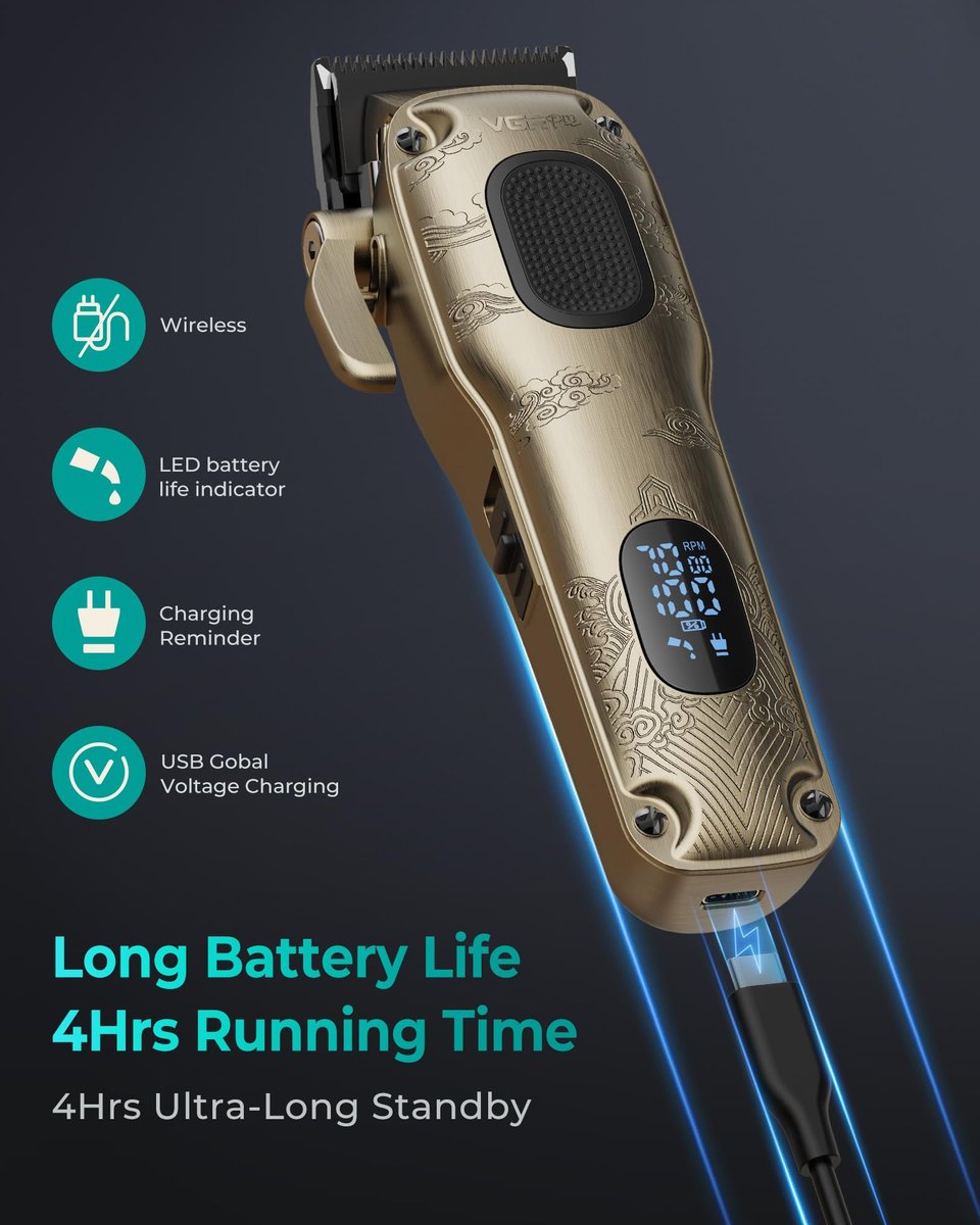 VGRPRO Professional Hair Clippers for Men - Cordless & Corded Barber Clippers with LED Display, Golden Metal Grooming Kit for Home & Salon Use Avelisse