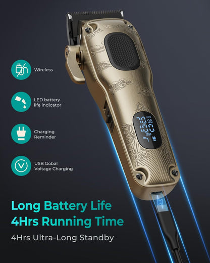 VGRPRO Professional Hair Clippers for Men - Cordless & Corded Barber Clippers with LED Display, Golden Metal Grooming Kit for Home & Salon Use Avelisse