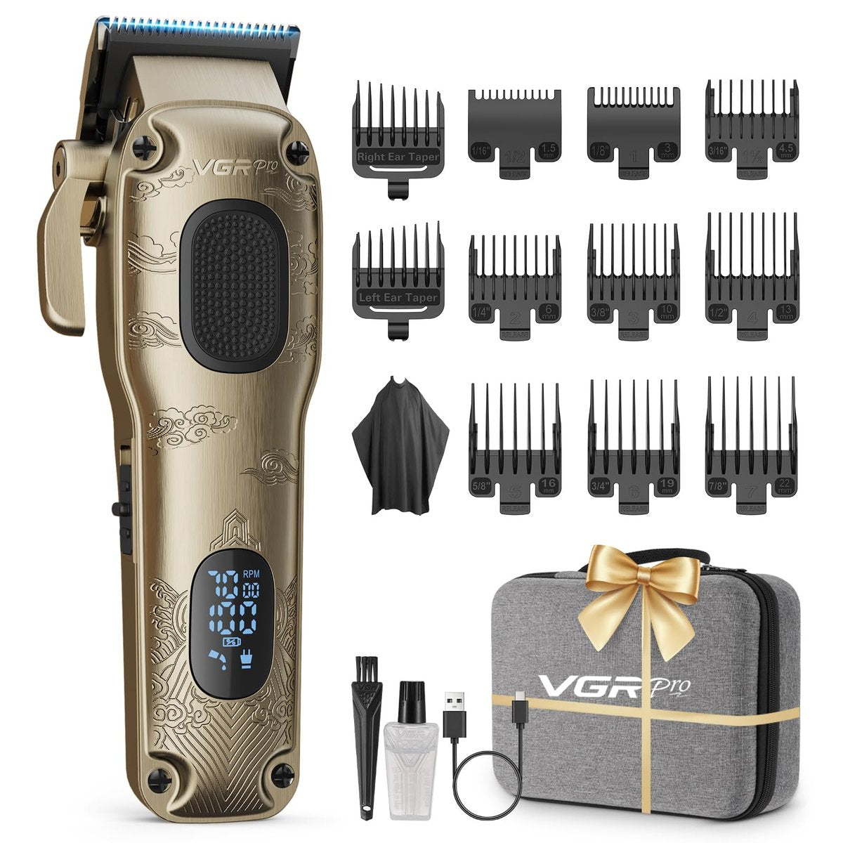 VGRPRO Professional Hair Clippers for Men - Cordless & Corded Barber Clippers with LED Display, Golden Metal Grooming Kit for Home & Salon Use Avelisse