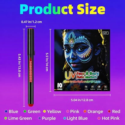 10 Colors Glow in the Dark Body Paint Markers - UV Neon Face & Body Painting Pens Kit for Glow Parties, Halloween, Cosplay, Art, Christmas - Washable Tattoo Markers for Skin