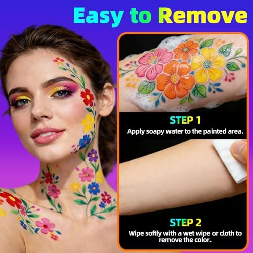10 Colors Glow in the Dark Body Paint Markers - UV Neon Face & Body Painting Pens Kit for Glow Parties, Halloween, Cosplay, Art, Christmas - Washable Tattoo Markers for Skin - görsel 9