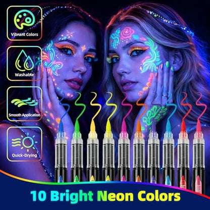 10 Colors Glow in the Dark Body Paint Markers - UV Neon Face & Body Painting Pens Kit for Glow Parties, Halloween, Cosplay, Art, Christmas - Washable Tattoo Markers for Skin