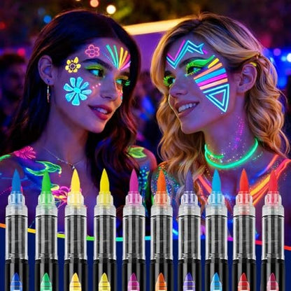 10 Colors Glow in the Dark Body Paint Markers - UV Neon Face & Body Painting Pens Kit for Glow Parties, Halloween, Cosplay, Art, Christmas - Washable Tattoo Markers for Skin
