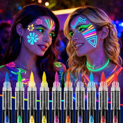 10 Colors Glow in the Dark Body Paint Markers - UV Neon Face & Body Painting Pens Kit for Glow Parties, Halloween, Cosplay, Art, Christmas - Washable Tattoo Markers for Skin