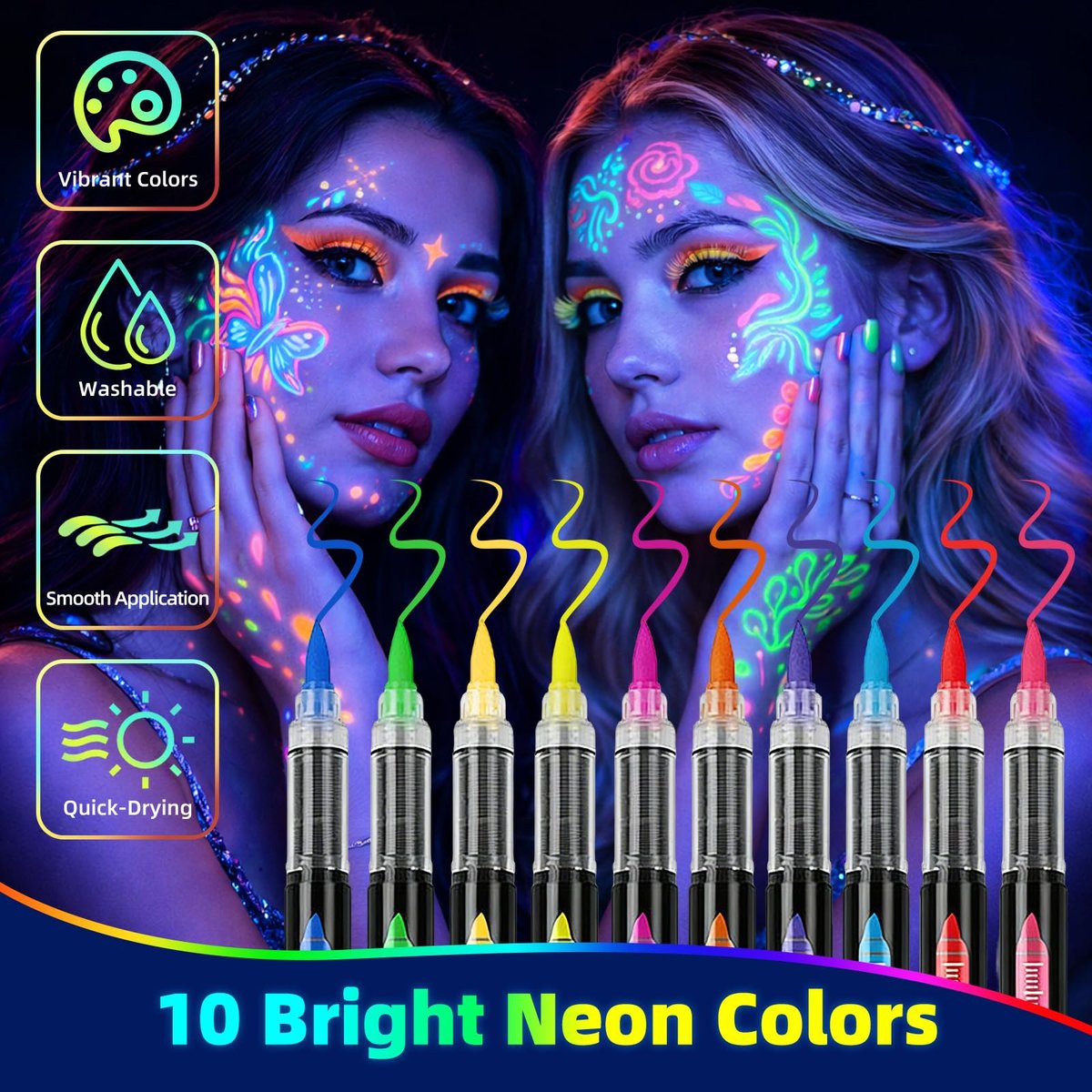 10 Colors Glow in the Dark Body Paint Markers - UV Neon Face & Body Painting Pens Kit for Glow Parties, Halloween, Cosplay, Art, Christmas - Washable Tattoo Markers for Skin - görsel 4