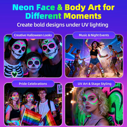 10 Colors Glow in the Dark Body Paint Markers - UV Neon Face & Body Painting Pens Kit for Glow Parties, Halloween, Cosplay, Art, Christmas - Washable Tattoo Markers for Skin